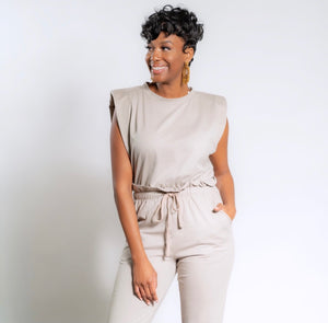 Shoulder Pad Jumpsuit- Multiple Colors - Feminine Fashion Boutique