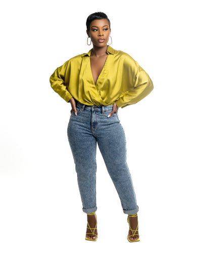 Chartreuse Satin Bodysuit - Feminine Fashion Boutique