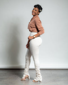 Oatmeal Ruched Pants - Feminine Fashion Boutique