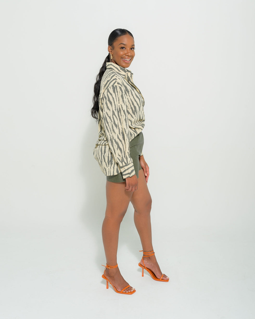 Zebra Olive Button Down - Feminine Fashion Boutique