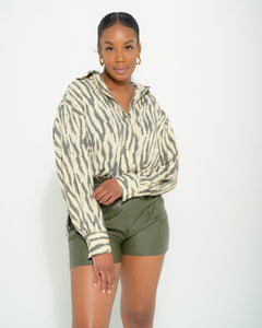 Zebra Olive Button Down - Feminine Fashion Boutique